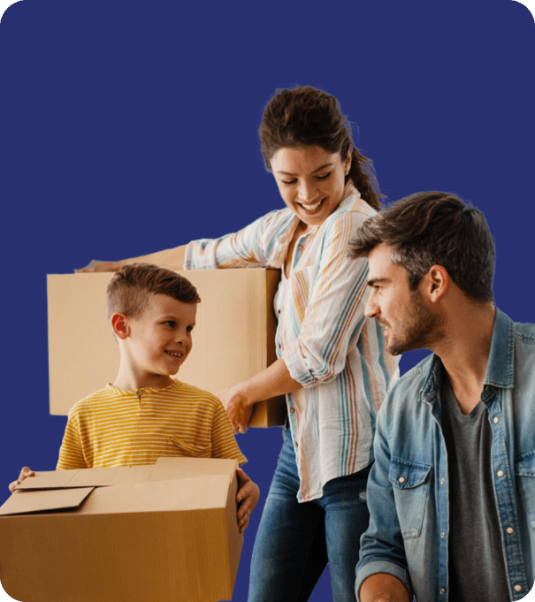 Family carrying moving boxes against blue background