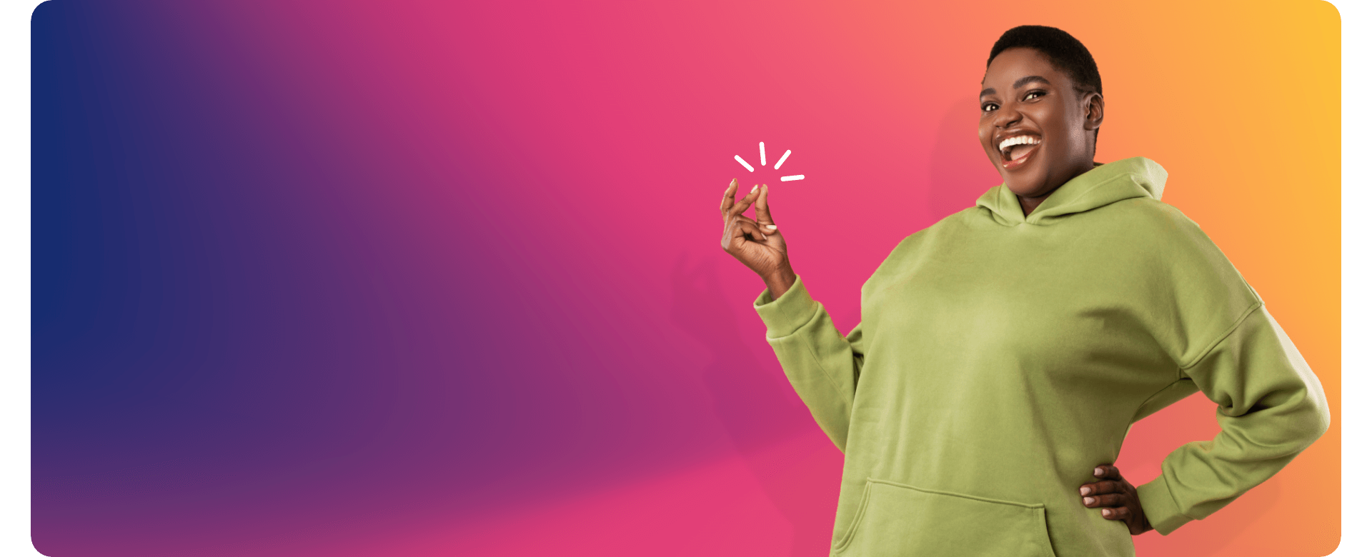 Smiling woman in green hoodie against colorful gradient background
