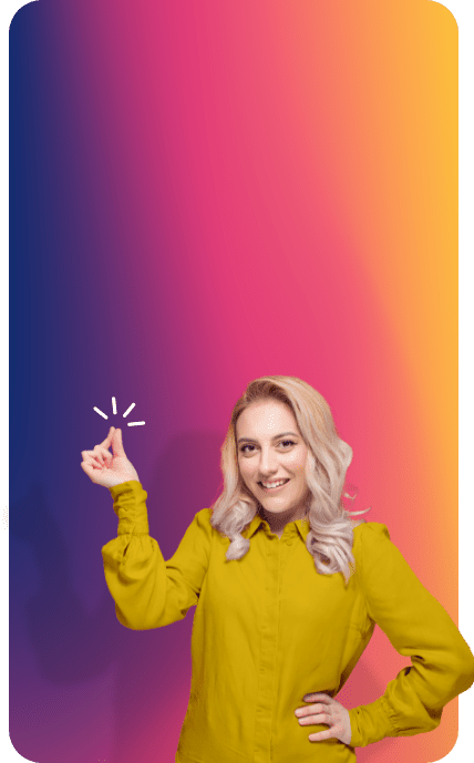 Smiling woman in yellow blouse against colorful gradient background