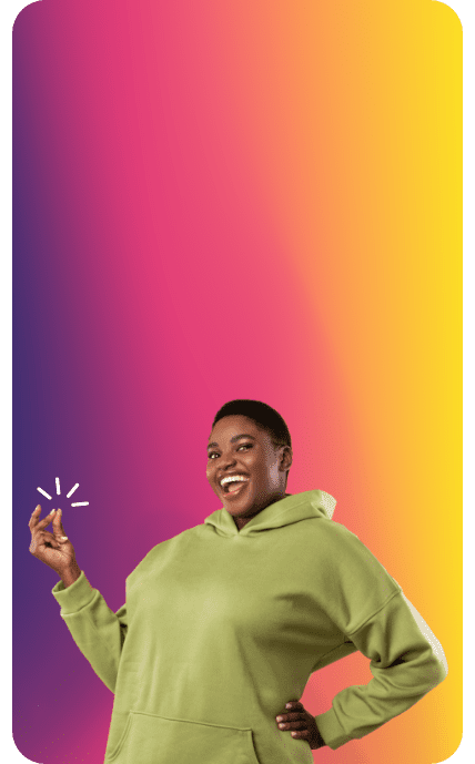 Smiling woman in green hoodie against colorful gradient background