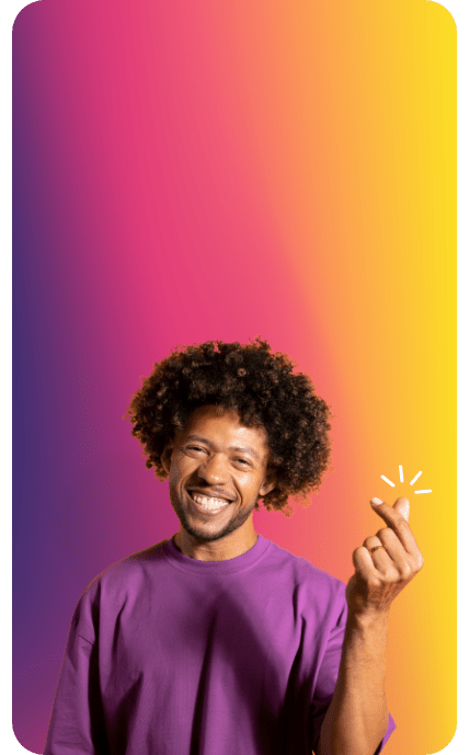 Smiling man in purple shirt against colorful gradient background